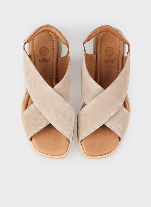 Bej Deri Kadın Düz Sandalet - Görsel 5
