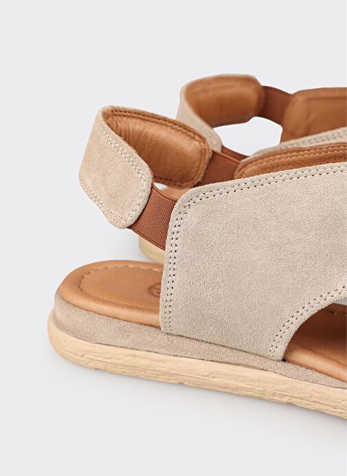 Bej Deri Kadın Düz Sandalet - Görsel 6