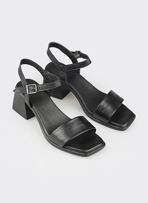 Siyah Deri Kadın Topuklu Sandalet - Görsel 3
