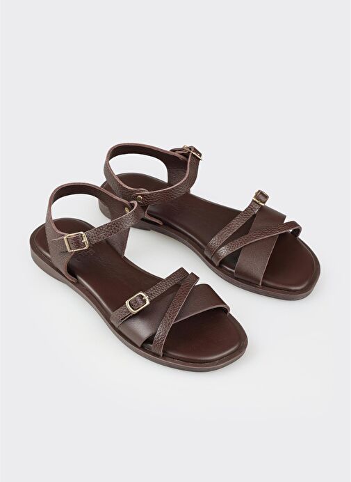Kahve Deri Kadın Düz Sandalet - Görsel 3