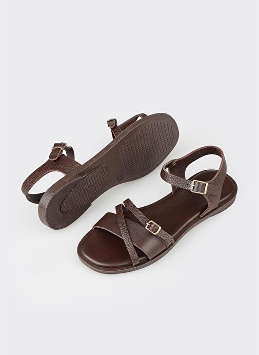 Kahve Deri Kadın Düz Sandalet - Görsel 4