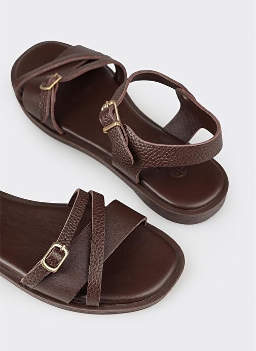 Kahve Deri Kadın Düz Sandalet - Görsel 6