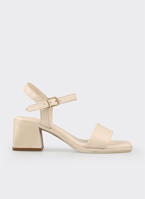 Ekru Deri Kadın Topuklu Sandalet - Görsel 2