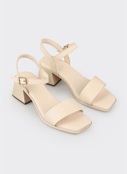 Ekru Deri Kadın Topuklu Sandalet - Görsel 3