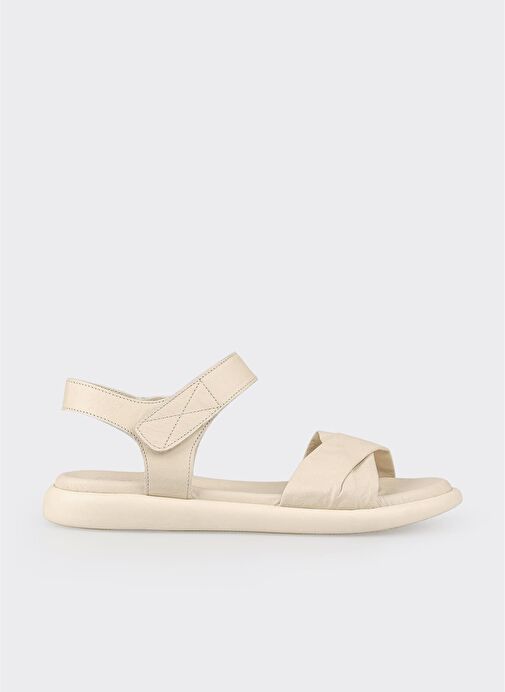 Ekru Deri Kadın Düz Sandalet - Görsel 2
