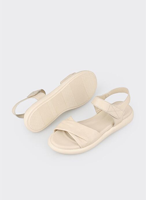 Ekru Deri Kadın Düz Sandalet - Görsel 4