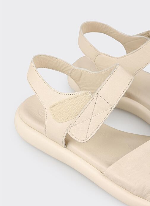 Ekru Deri Kadın Düz Sandalet - Görsel 6