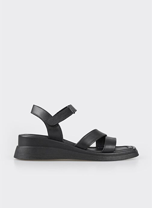 Siyah Deri Kadın Dolgu Topuk Sandalet - Görsel 2