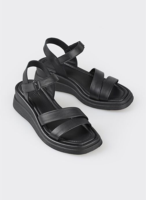 Siyah Deri Kadın Dolgu Topuk Sandalet - Görsel 3