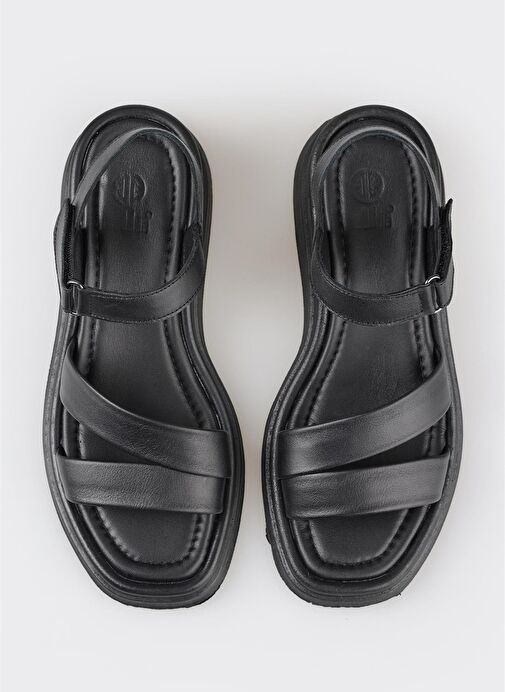 Siyah Deri Kadın Dolgu Topuk Sandalet - Görsel 5