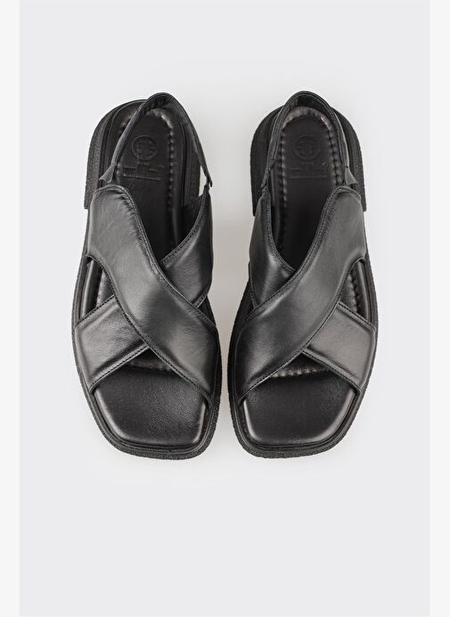 Siyah Deri Kadın Düz Sandalet - Görsel 8