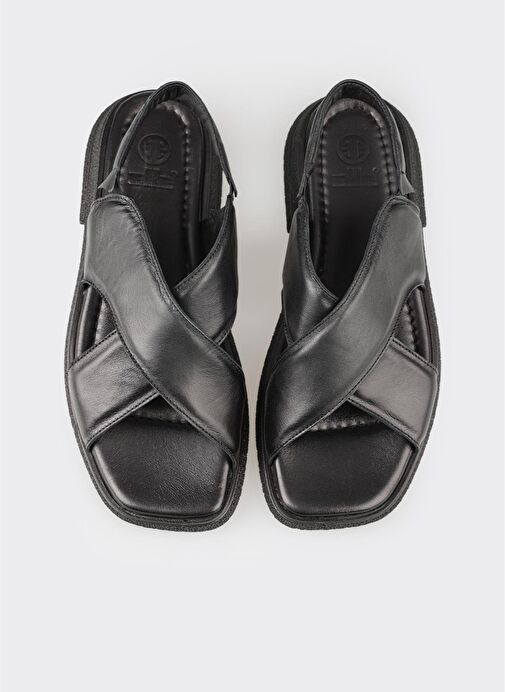 Siyah Deri Kadın Düz Sandalet - Görsel 9