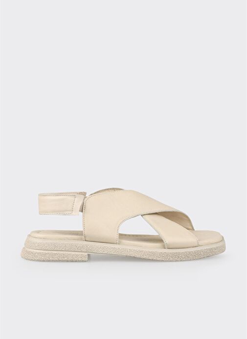 Ekru Deri Kadın Düz Sandalet - Görsel 2
