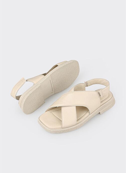 Ekru Deri Kadın Düz Sandalet - Görsel 4