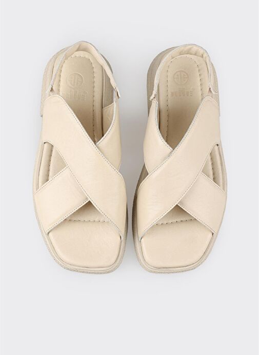 Ekru Deri Kadın Düz Sandalet - Görsel 5