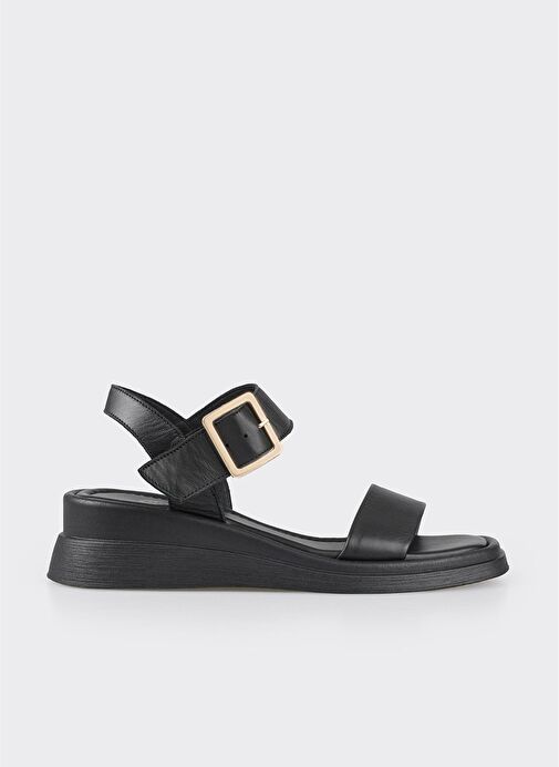 Siyah Deri Kadın Dolgu Topuk Sandalet - Görsel 3