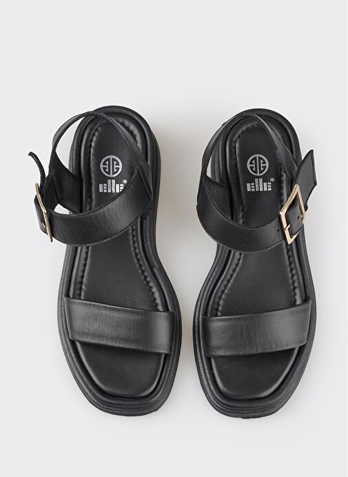 Siyah Deri Kadın Dolgu Topuk Sandalet - Görsel 11