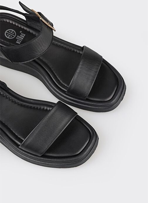 Siyah Deri Kadın Dolgu Topuk Sandalet - Görsel 7