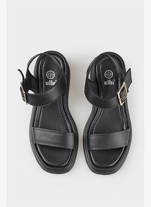 Siyah Deri Kadın Dolgu Topuk Sandalet - Görsel 9