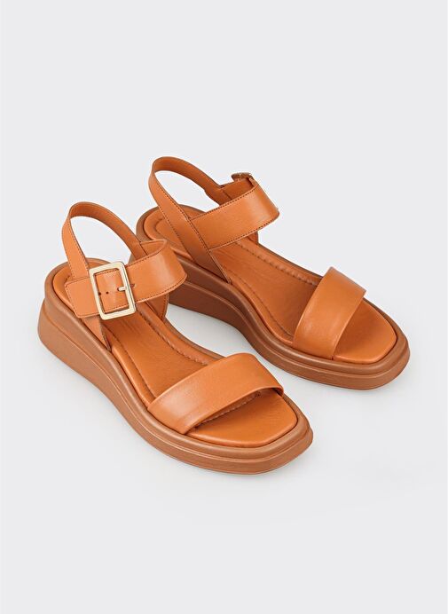 Taba Deri Kadın Dolgu Topuk Sandalet - Görsel 3