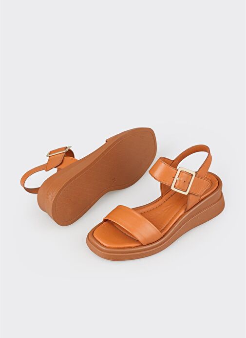 Taba Deri Kadın Dolgu Topuk Sandalet - Görsel 4