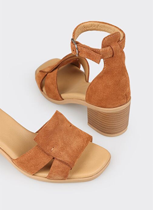 Taba Deri Kadın Topuklu Sandalet - Görsel 5