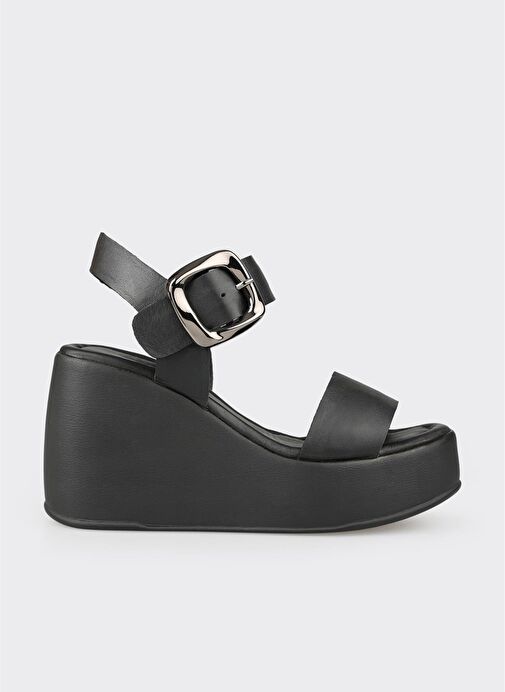 Siyah Deri Kadın Dolgu Topuk Sandalet - Görsel 2