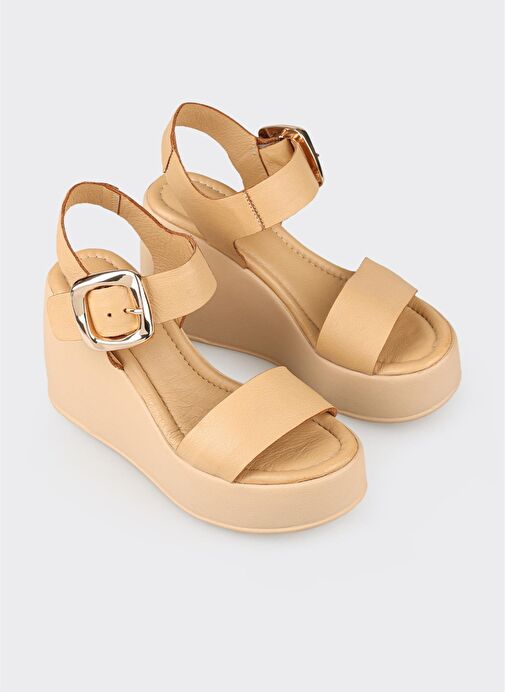 Naturel Deri Kadın Dolgu Topuk Sandalet - Görsel 3