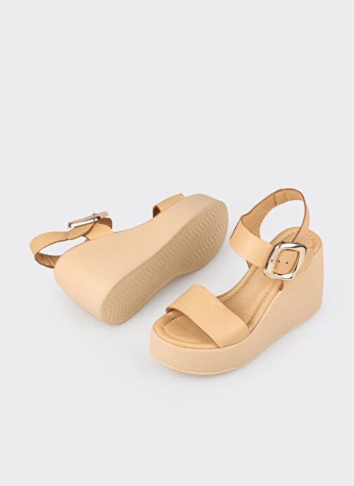 Naturel Deri Kadın Dolgu Topuk Sandalet - Görsel 4