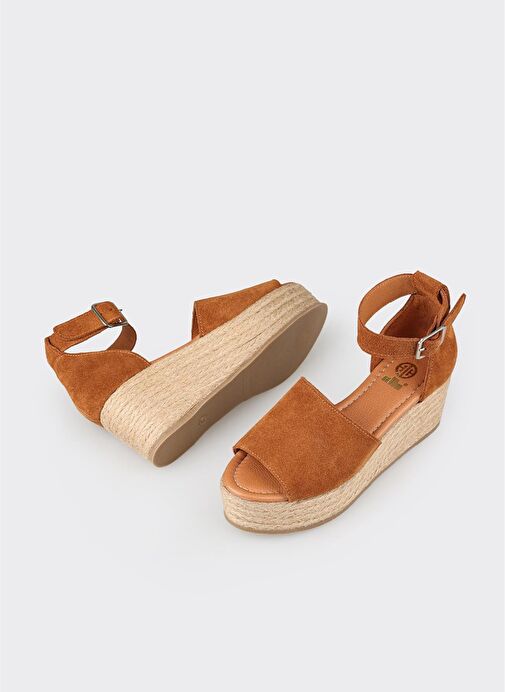 Taba Deri Kadın Dolgu Topuklu Sandalet - Görsel 4