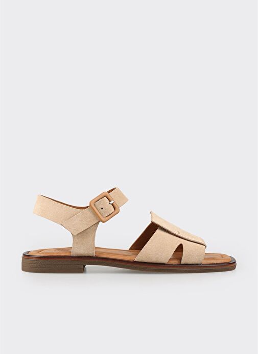 Bej Deri Kadın Düz Sandalet - Görsel 2