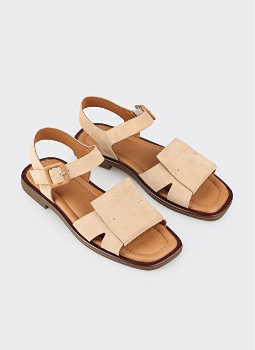 Bej Deri Kadın Düz Sandalet - Görsel 3