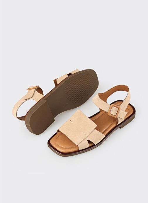 Bej Deri Kadın Düz Sandalet - Görsel 4