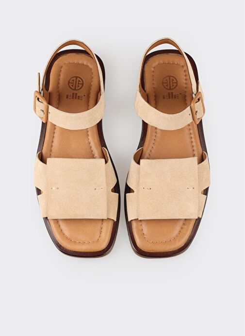 Bej Deri Kadın Düz Sandalet - Görsel 5
