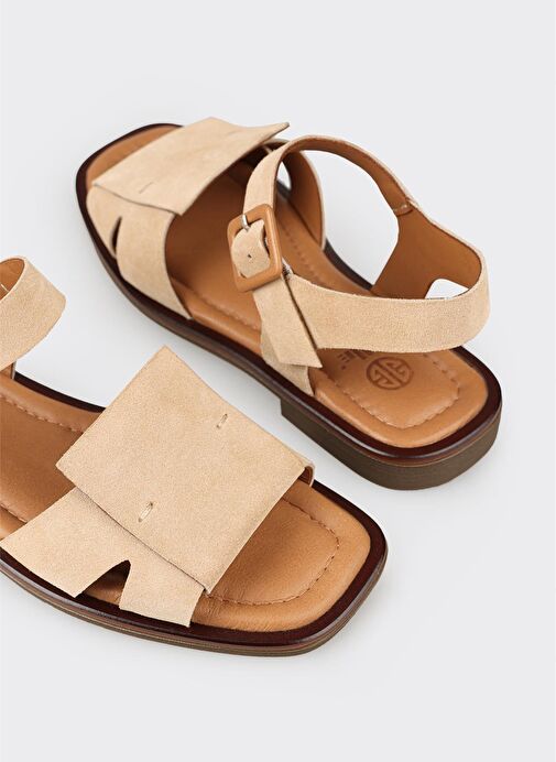 Bej Deri Kadın Düz Sandalet - Görsel 6