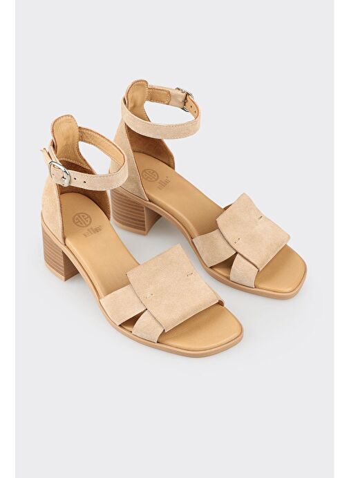 Bej Deri Kadın Topuklu Sandalet - Görsel 3