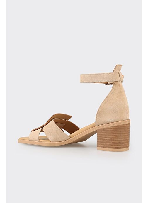 Bej Deri Kadın Topuklu Sandalet - Görsel 4