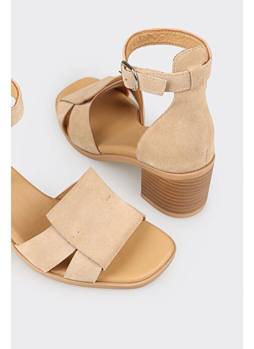 Bej Deri Kadın Topuklu Sandalet - Görsel 5