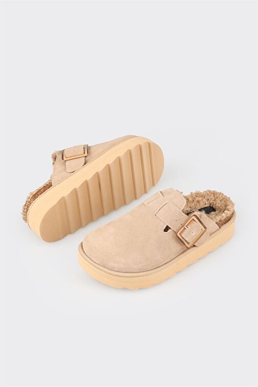 Bej Deri Kadın Günlük Terlik - Görsel 4