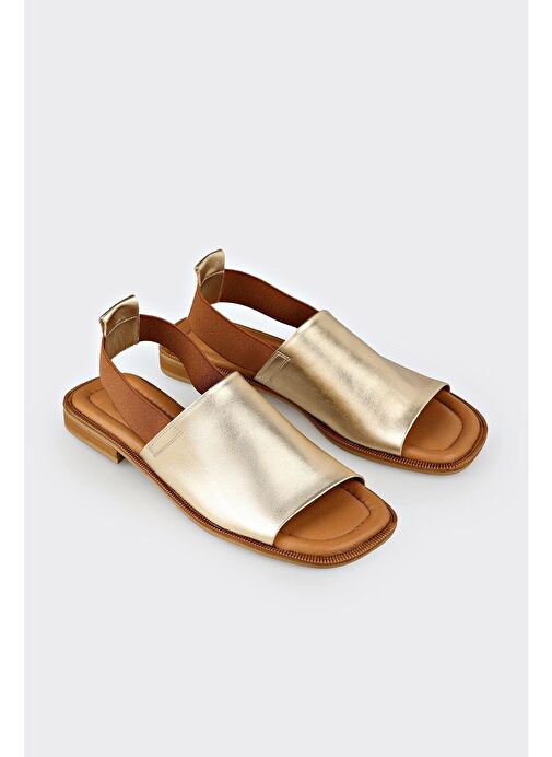 Bej Deri Kadın Düz Sandalet - Görsel 3