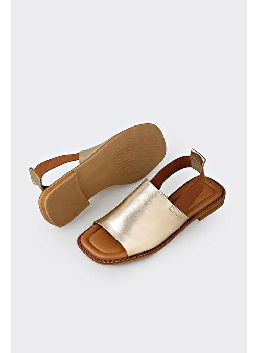 Bej Deri Kadın Düz Sandalet - Görsel 4