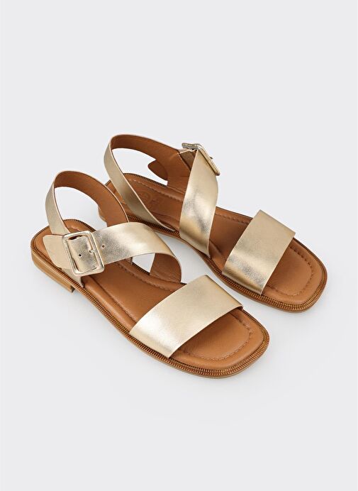 Gold Deri Kadın Düz Sandalet - Görsel 3