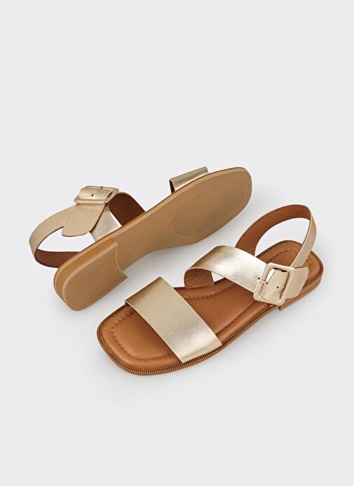 Gold Deri Kadın Düz Sandalet - Görsel 4