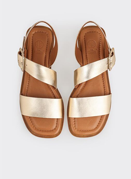 Gold Deri Kadın Düz Sandalet - Görsel 5