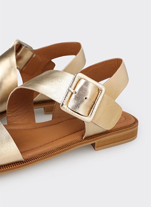 Gold Deri Kadın Düz Sandalet - Görsel 6