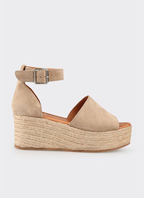 Bej Deri Kadın Dolgu Topuklu Sandalet - Görsel 2