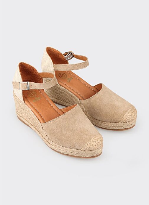 Bej Deri Kadın Dolgu Topuk Ayakkabı - Görsel 3