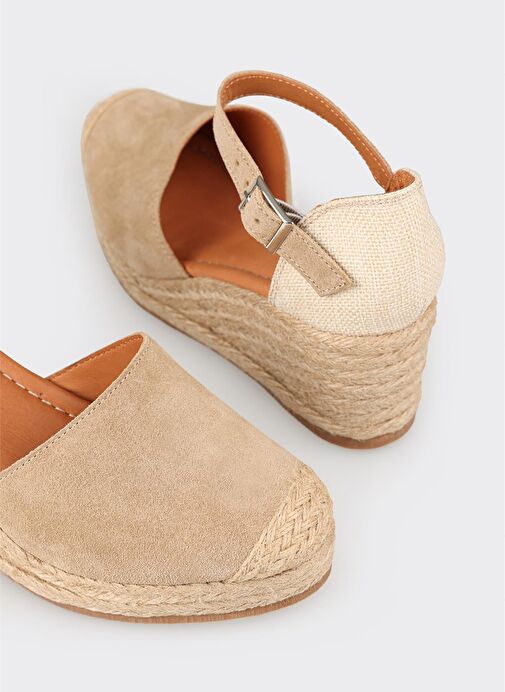 Bej Deri Kadın Dolgu Topuk Ayakkabı - Görsel 5