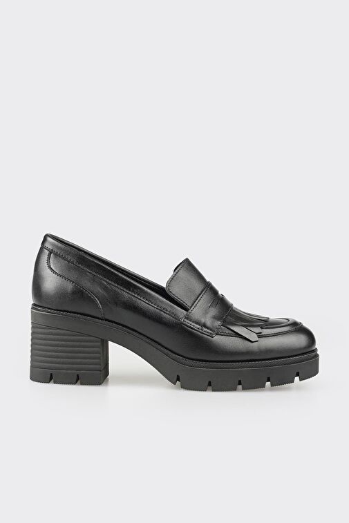 Siyah Deri Kadın Orta Topuk Ayakkabı - Görsel 2