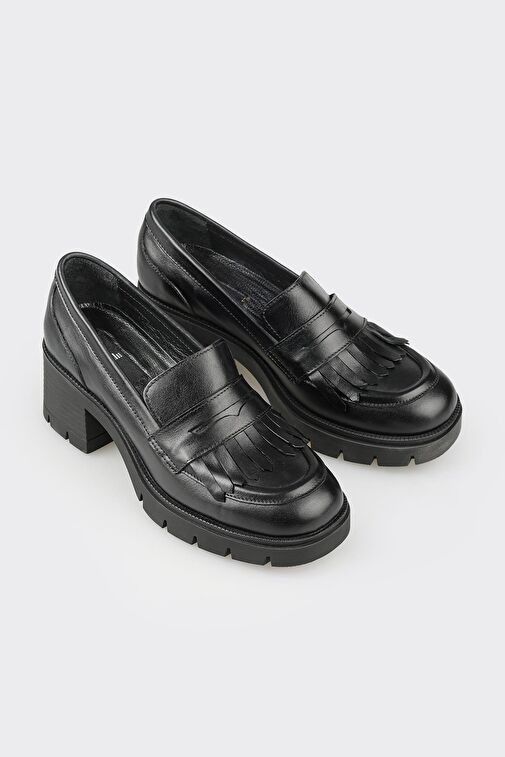 Siyah Deri Kadın Orta Topuk Ayakkabı - Görsel 3